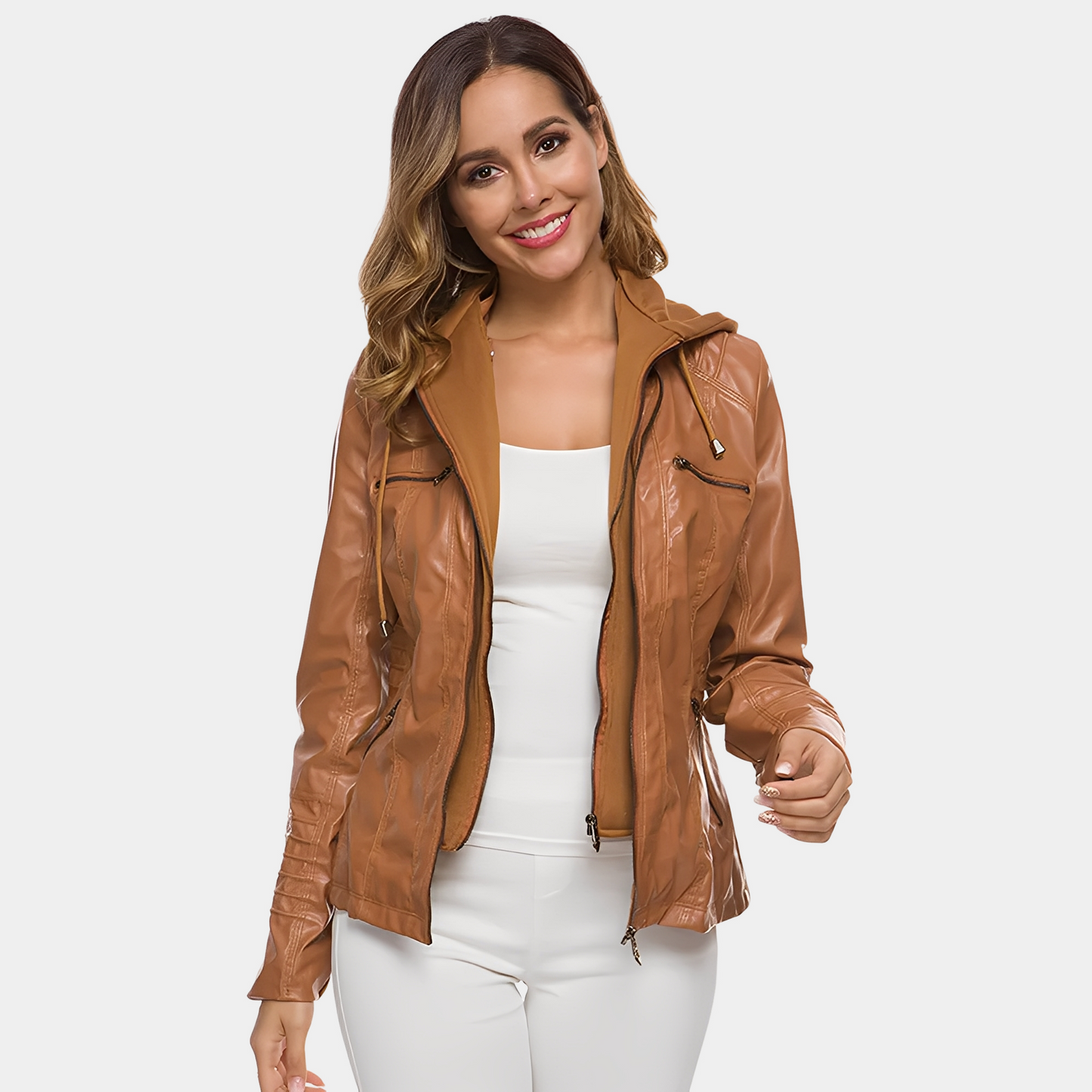 Jaylene - Zeitgemäße wasserdichte Damen-Lederjacke mit Kapuze