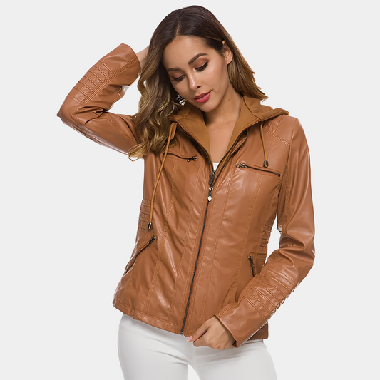 Jaylene - Zeitgemäße wasserdichte Damen-Lederjacke mit Kapuze