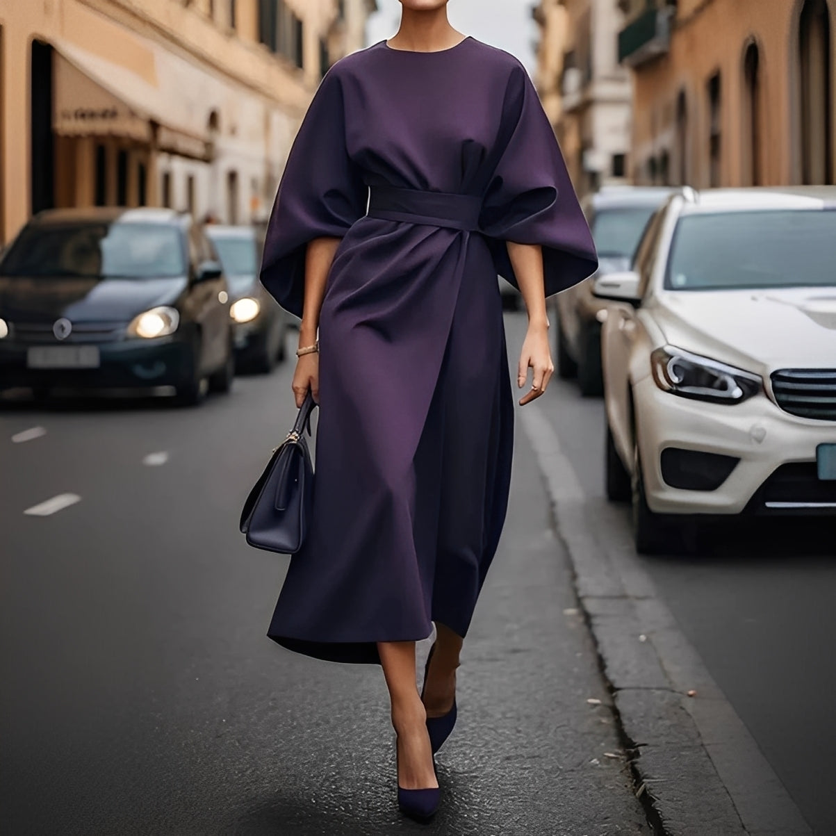 Élise - Elegantes Kleid mit Laternenärmeln und Gürtel für Damen