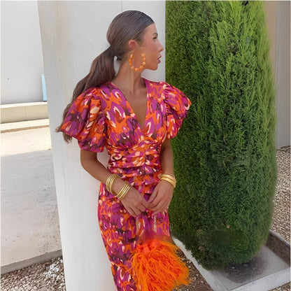 Gaëlle - Farbiges Kleid mit plissierten Ärmeln für Frauen