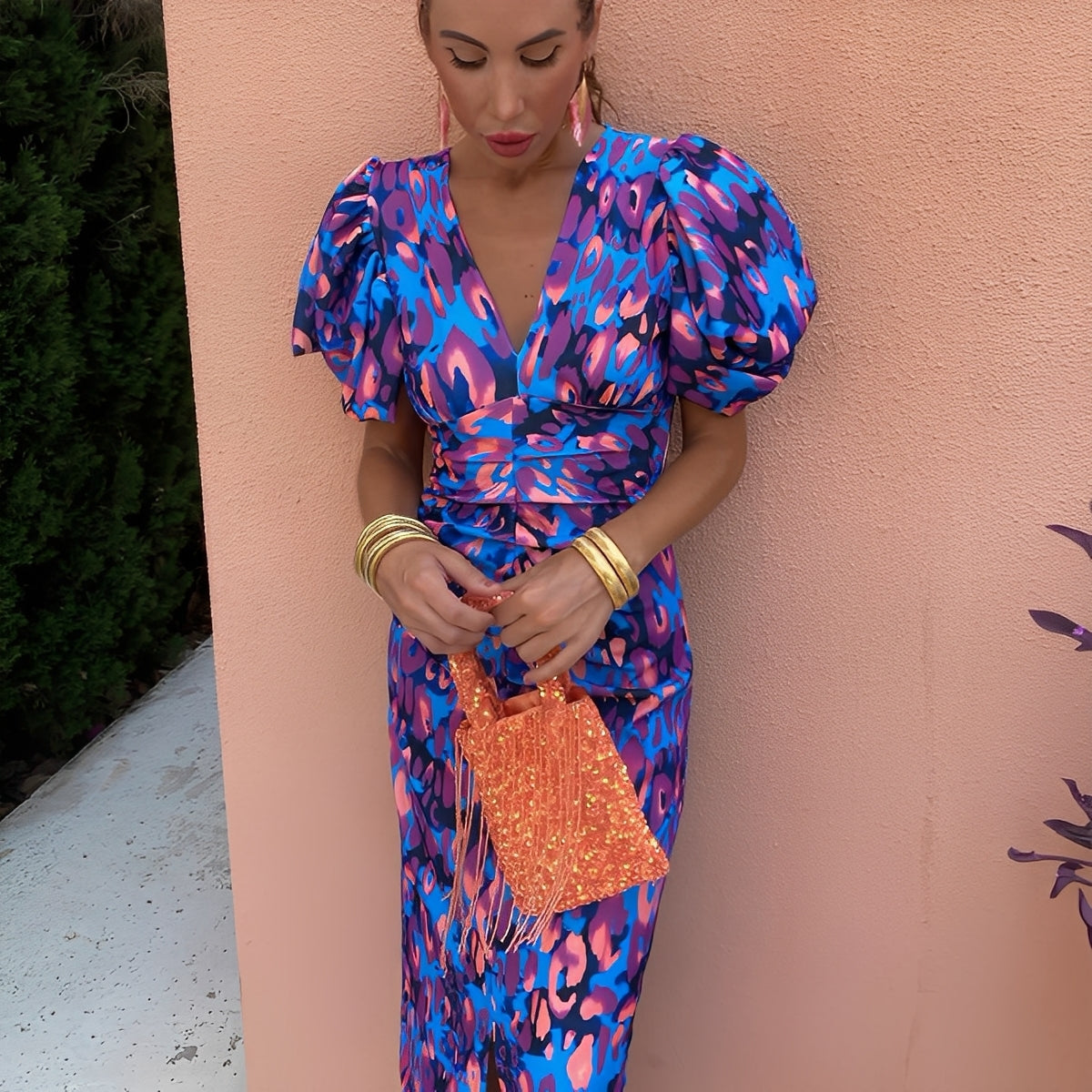 Gaëlle - Farbiges Kleid mit plissierten Ärmeln für Frauen