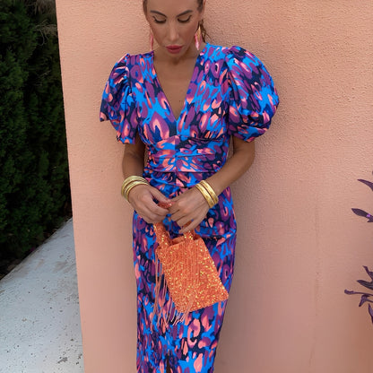 Gaëlle - Farbiges Kleid mit plissierten Ärmeln für Frauen