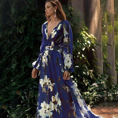 Karine - Elegantes langes Kleid mit V-Ausschnitt für Frauen