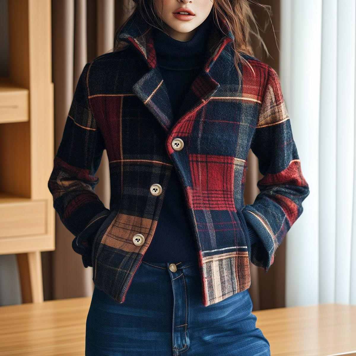 Aubriana - Damen-Retrojacke mit Karodesign und hohem Kragen