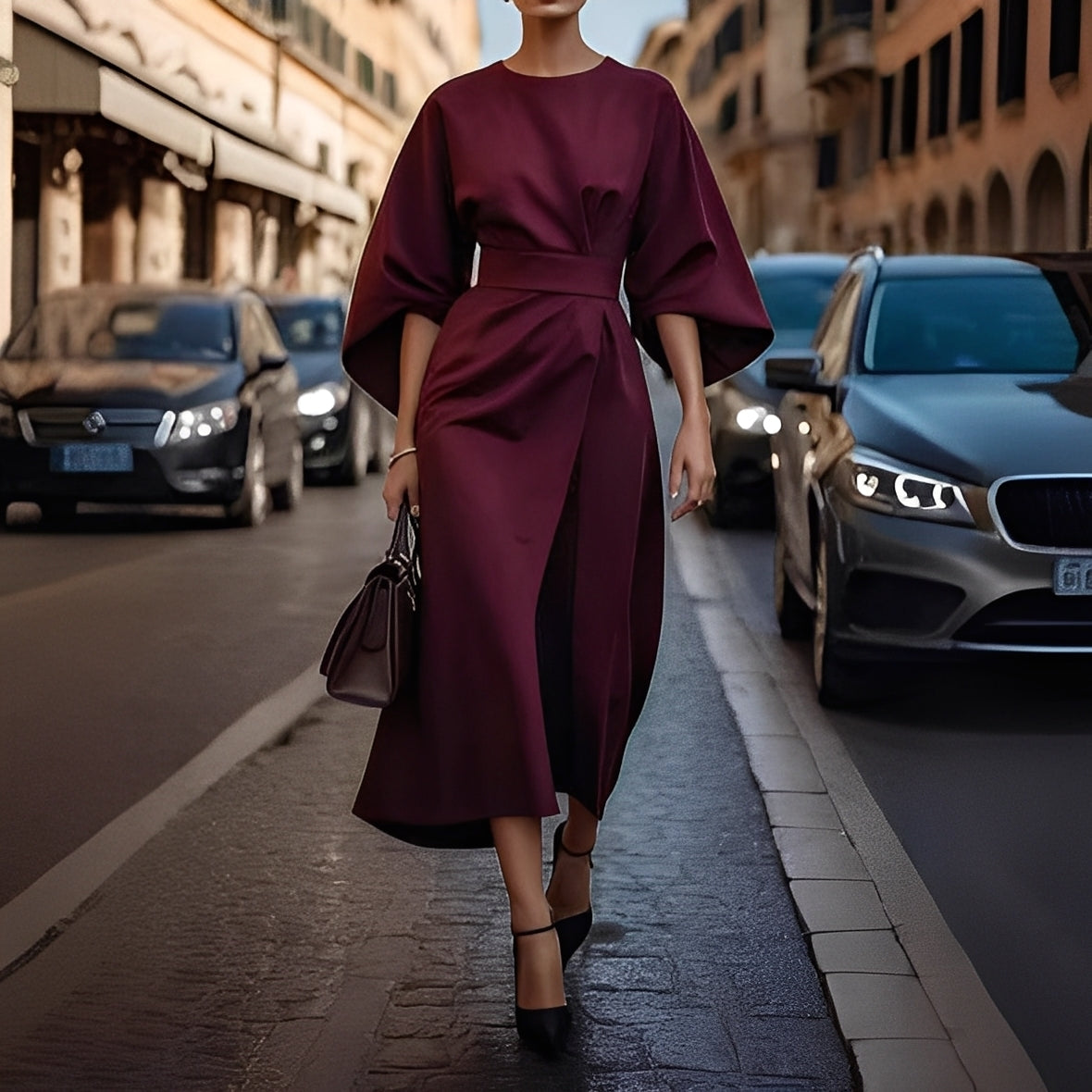 Élise - Elegantes Kleid mit Laternenärmeln und Gürtel für Damen