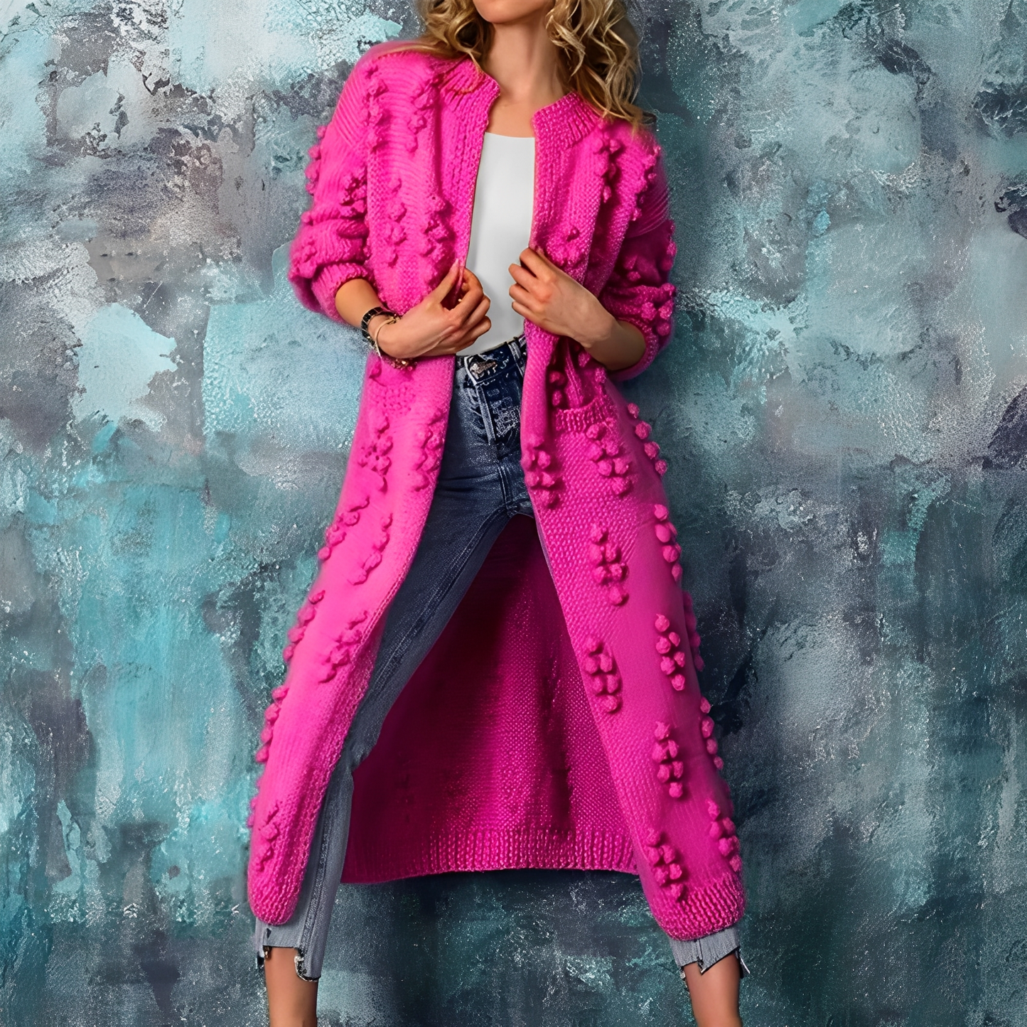 Nancy - Stylische lange Damen-Strickjacke mit Bommeln