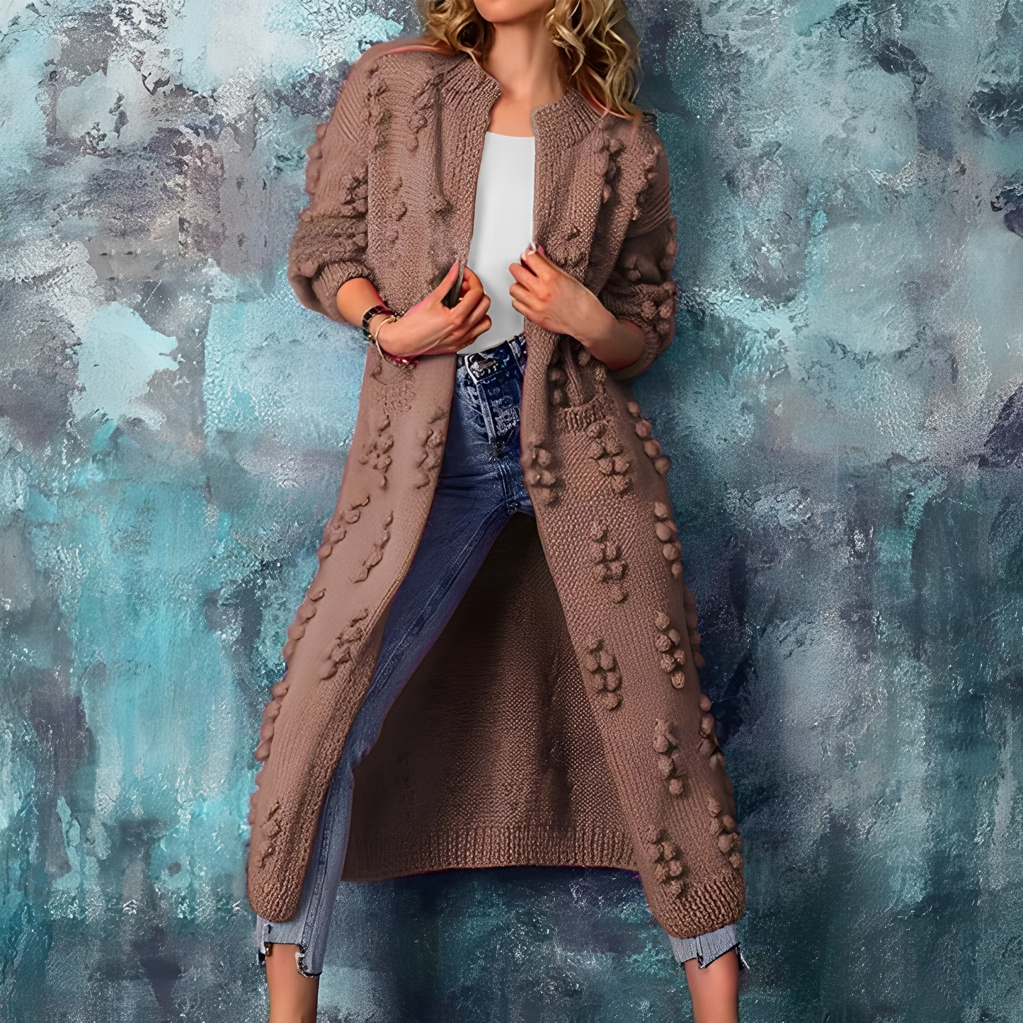 Nancy - Stylische lange Damen-Strickjacke mit Bommeln