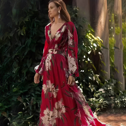 Karine - Elegantes langes Kleid mit V-Ausschnitt für Frauen