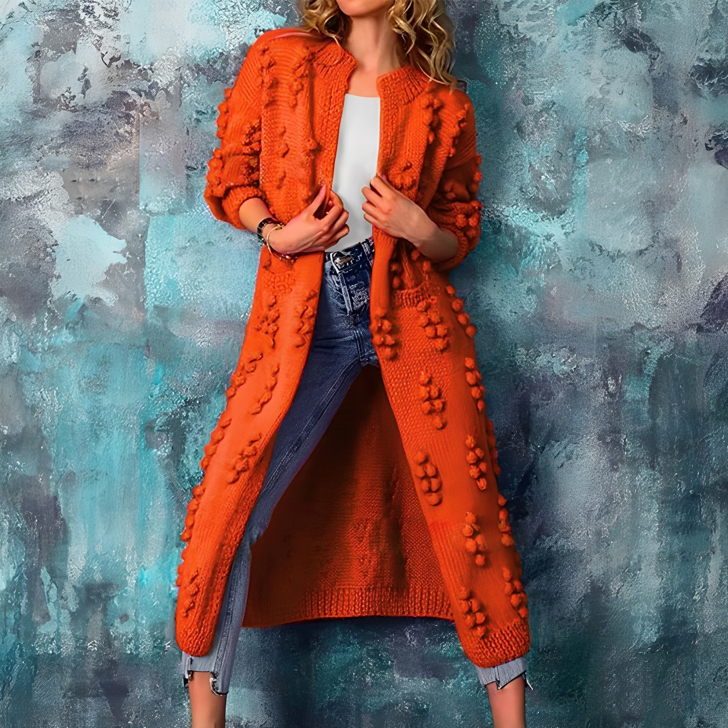 Nancy - Stylische lange Damen-Strickjacke mit Bommeln